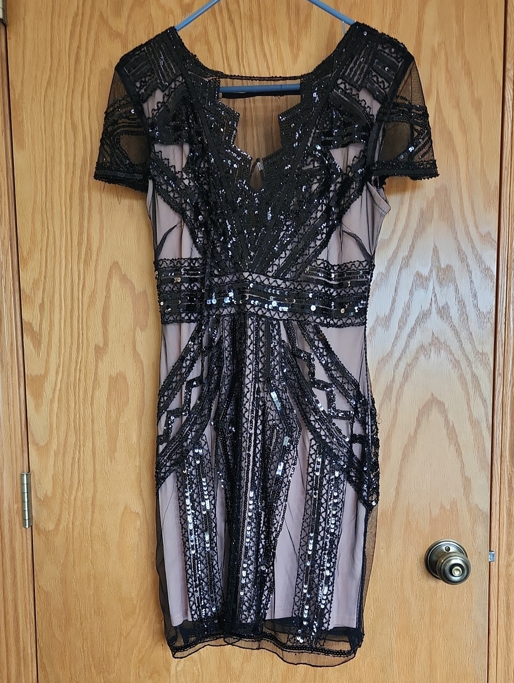 Black Beaded Short Sleeve Evening Dress - Black